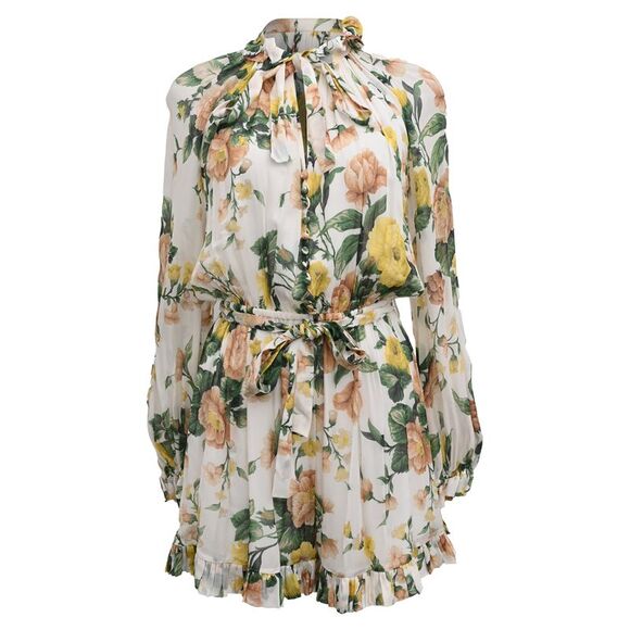 Zimmermann Pants - Zimmermann Zippy Belted Tie-Neck Chiffon Playsuit in Floral Print Viscose